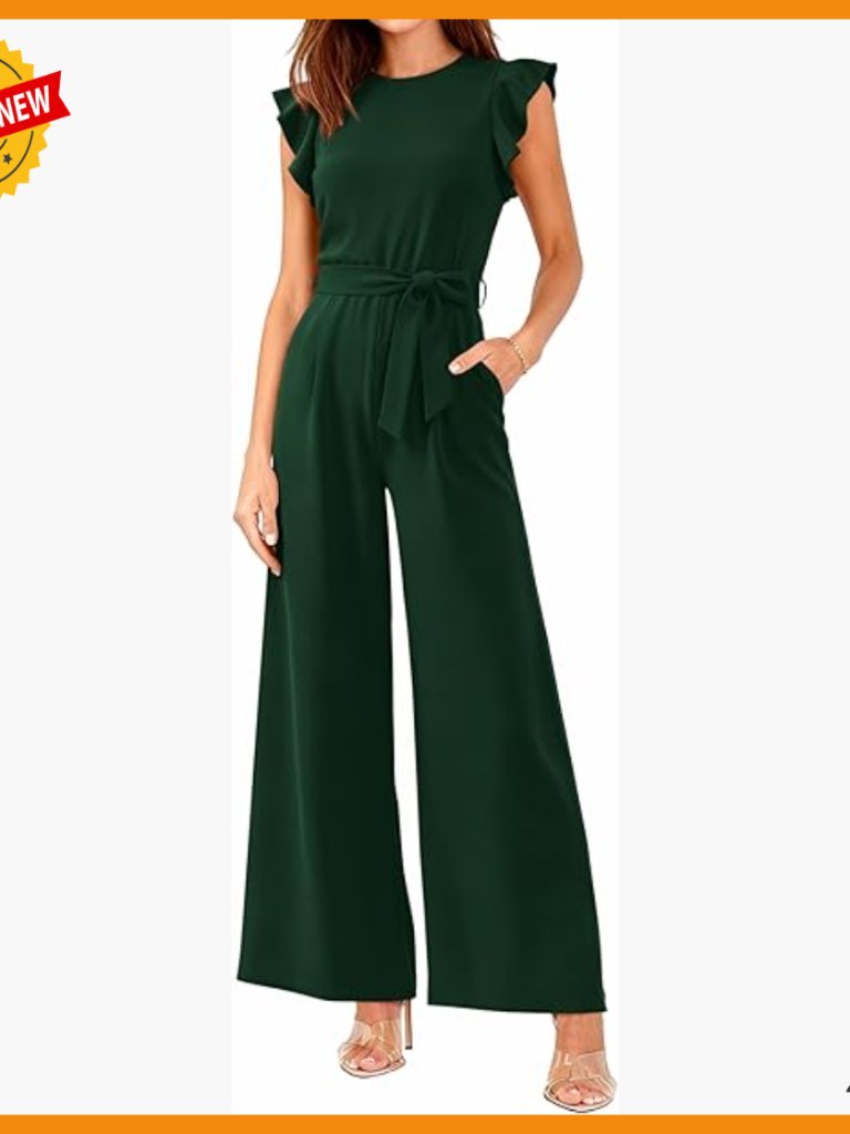 Wide Leg Jumpsuit With Belt, Crew Neck, Pockets, Size Medium